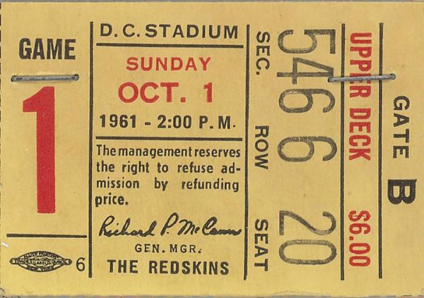 Redskins 1961 ticket stub
